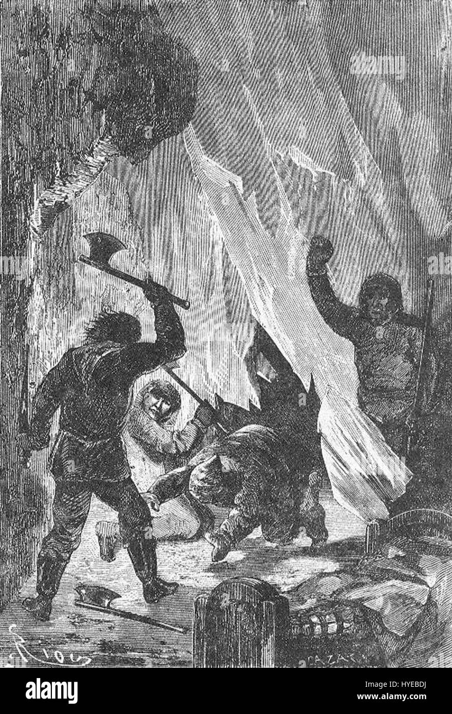 „The Field of Ice“ von Riou und Montaut zeigt eine dramatische Szene einer eisigen Landschaft, die die raue und gnadenlose Umgebung zeigt. Das Werk fängt den starken Kontrast von Eis und Schnee ein und erinnert an die Gefahren und Schönheit extremer natürlicher Elemente. Stockfoto