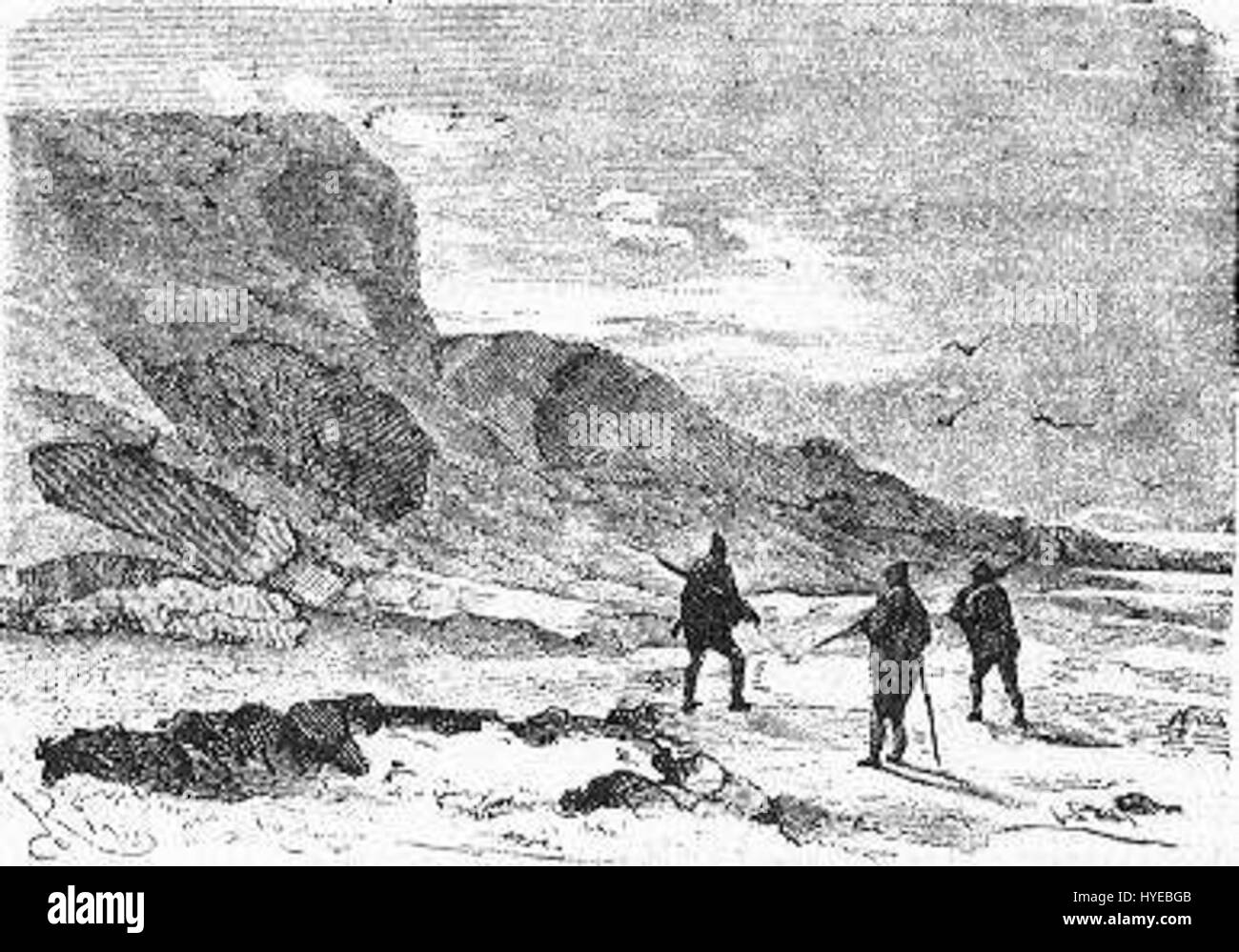 „The Field of Ice“ von Riou und Montaut ist ein dramatisches Kunstwerk, das eine gefrorene Landschaft darstellt. Das Gemälde fängt die raue, kalte Schönheit eines eisigen Geländes ein und erinnert an die Kraft und Majestät der Natur. Stockfoto