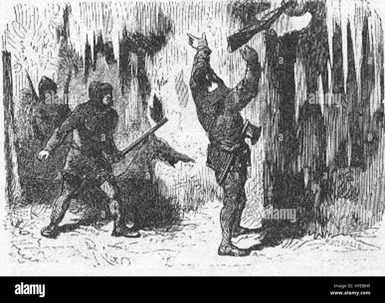 „The Field of Ice“ von Riou und Montaut ist eine dramatische Darstellung der arktischen Landschaft, die die raue, kalte Umgebung und die Herausforderungen des Überlebens in der eisigen Wildnis erfasst. Die Arbeit betont die weite, einsame Schönheit des gefrorenen Geländes. Stockfoto