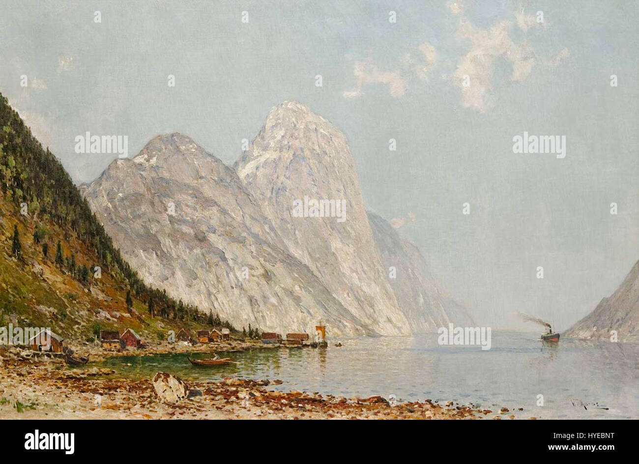 Fjordlandschaft von Walter Moras ist ein atemberaubendes Landschaftsgemälde, das die raue Schönheit eines Fjords darstellt. Die Verwendung von dramatischem Licht und Schatten durch den Künstler bringt die natürliche Pracht der Fjordlandschaft zum Vorschein und zeigt hohe Klippen und tiefe Gewässer. Das Werk fängt die wilde, ungezähmte Natur der Fjorde ein und weckt ein Gefühl von Ehrfurcht und Bewunderung für die Kraft der Natur. Stockfoto