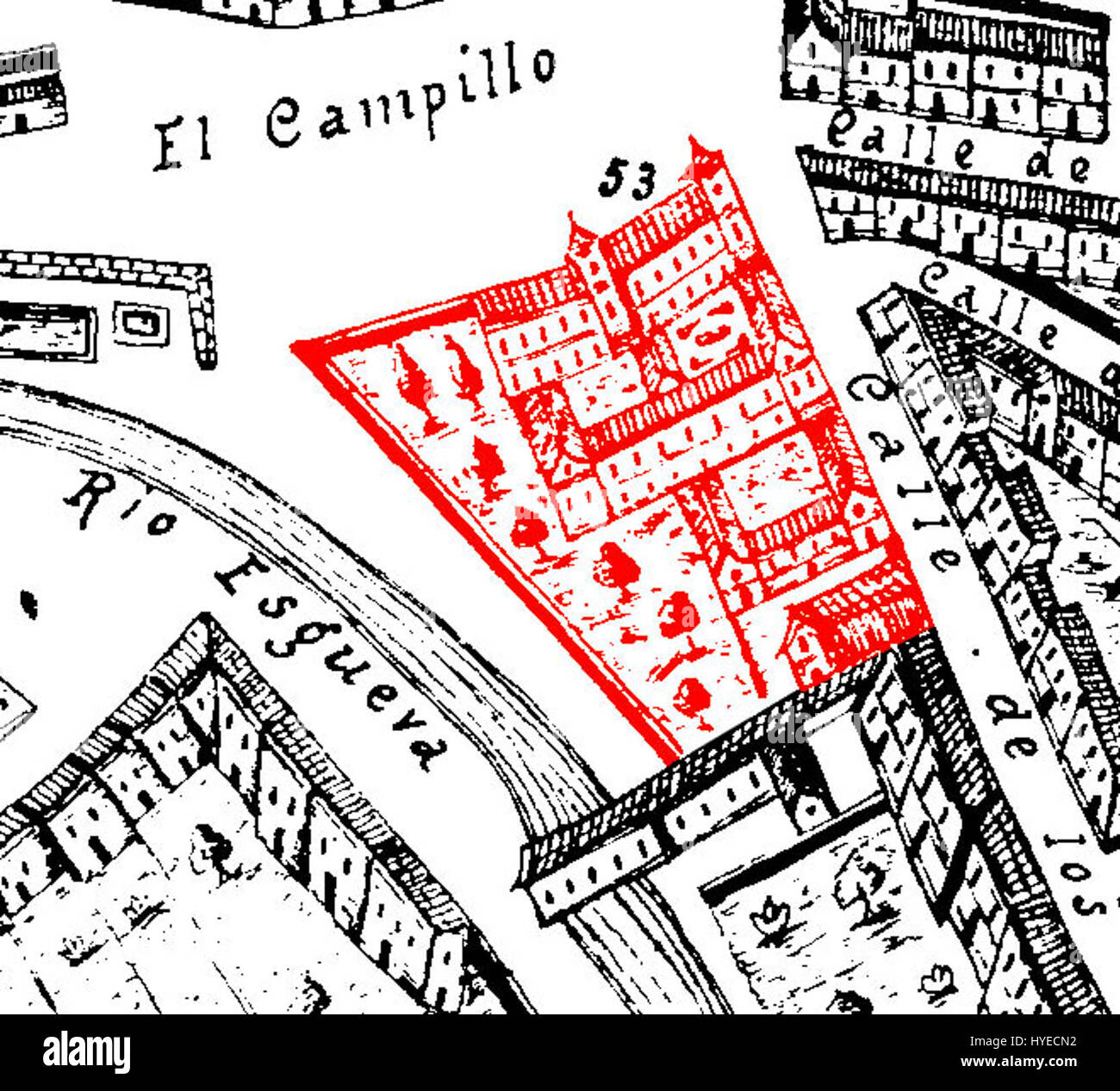 Dieses Stück stellt eine detaillierte Karte oder künstlerische Darstellung dar, die sich auf die San Felipe Penitencia in Valladolid bezieht, mit Elementen, die ihre kulturelle oder historische Bedeutung hervorheben. Die Karte unterstreicht die Rolle von Ventura Seco bei der Entwicklung der Region. Stockfoto