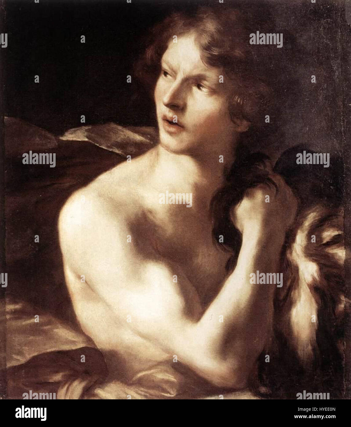 Gian Lorenzo Berninis Skulptur „David mit dem Kopf des Goliath“ ist ein barockes Meisterwerk, das die biblische Geschichte von Davids Sieg über Goliath darstellt. Berninis Arbeit betont dynamische Bewegung und emotionale Intensität und zeigt seine Beherrschung von Marmor und dramatischer Darstellung. Stockfoto