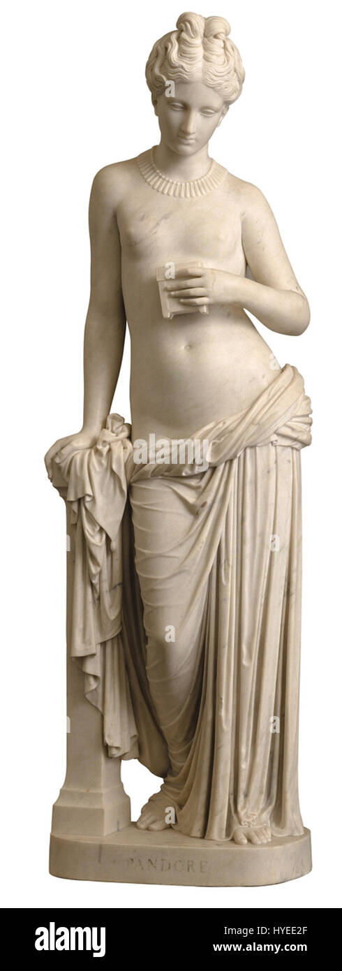 „PANDORE“ von Jean Pierre Cortot (H 791) ist eine Skulptur, die die Eleganz und Anmut der mythischen Figur von Pandora einfängt. Das Stück betont klassische Themen mit komplizierten Details und ausdrucksstarker Form und zeigt Cortots Geschick bei der Erstellung dynamischer, aber dennoch empfindlicher Skulpturen. Stockfoto