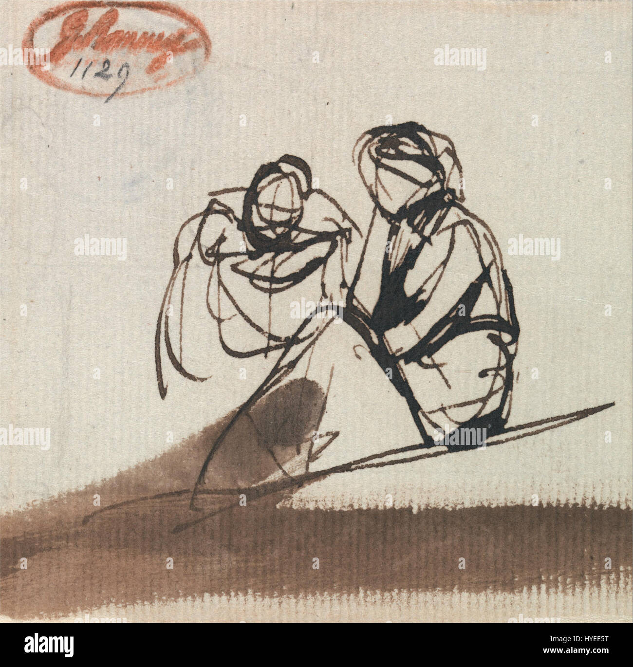 George Romneys „zwei sitzende Figuren“ ist eine Zeichnung mit zwei sitzenden Individuen, die aus Graphit mit Stift und brauner Tinte auf cremefarbenem Papier erstellt wurde. Das Werk ist undatiert und misst 4,625 x 6,625 Zoll. Stockfoto