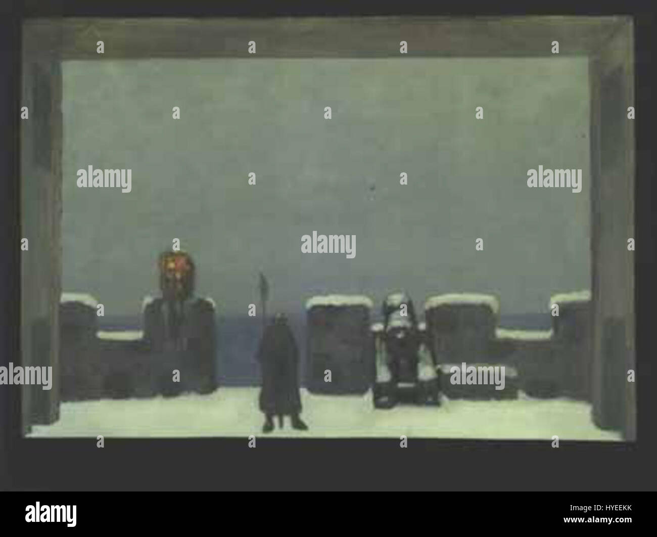 „Hamlet I 4“ von Fritz Erler ist Teil einer Serie, die von Shakespeares Stück „Hamlet“ inspiriert wurde. Das Stück fängt einen dramatischen Moment aus dem Stück ein und konzentriert sich auf Themen wie Rache, Tragödie und die komplexe emotionale Landschaft des zentralen Charakters. Erlers Stil betont psychologische Tiefe und Theatralität. Stockfoto