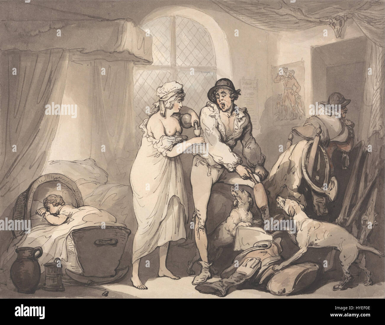 „Four O'Clock in the Country“ von Thomas Rowlandson ist ein satirisches Werk, das den Humor und das ländliche Leben im England des 18. Jahrhunderts widerspiegelt und die alltäglichen Aktivitäten des Landlebens in einem komödiantischen Licht veranschaulicht. Stockfoto
