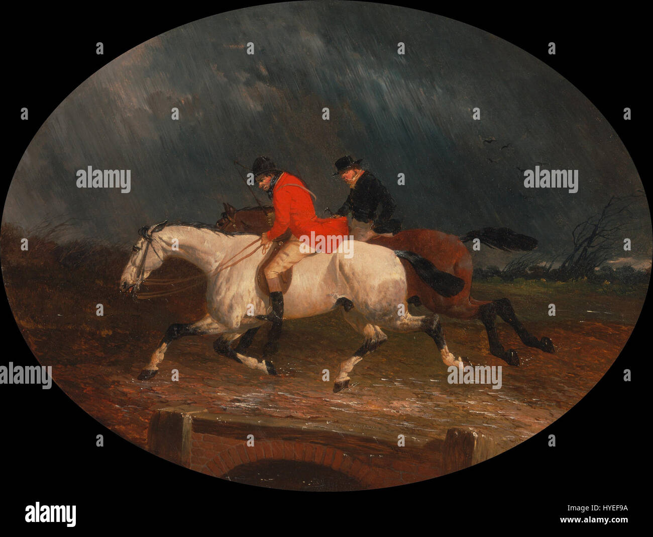 John Frederick Herring Jr. zeigt in seinem Gemälde „Rückkehr von der Jagd“ eine Szene der Pferdesport-Aktivität und unterstreicht Herrings Geschick bei der Aufnahme von Pferdeszenen. Bekannt für seine Darstellungen des ländlichen Lebens spiegelt der Künstler die Begeisterung der Jagdkultur wider. Stockfoto