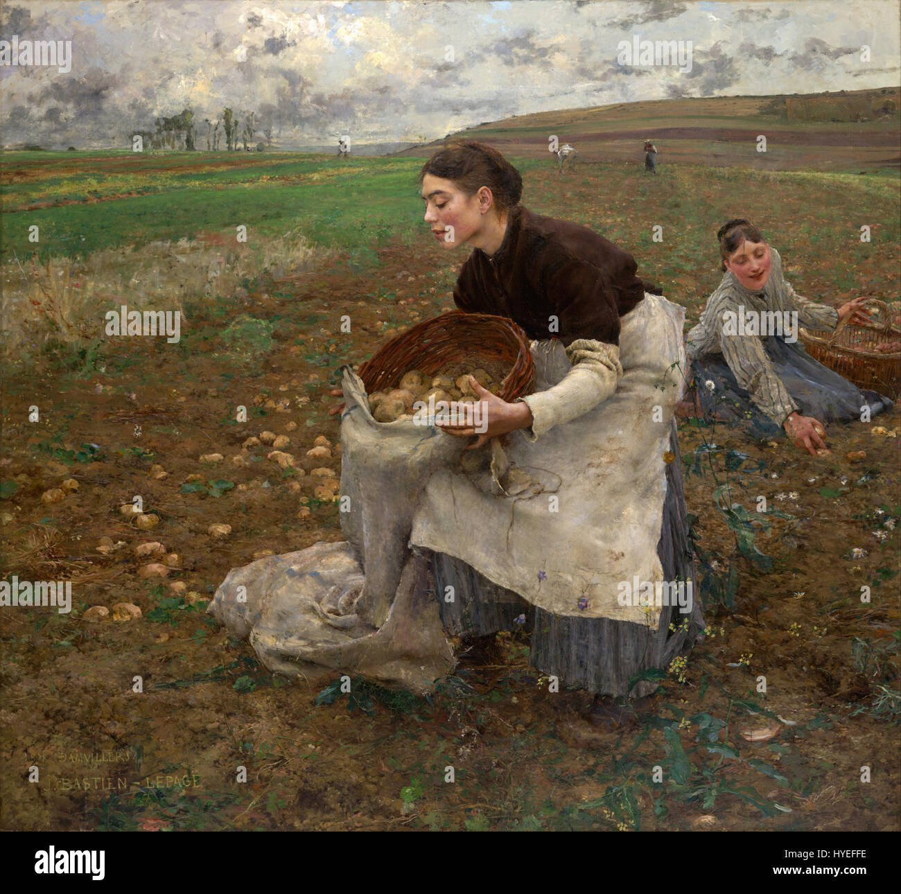 'October' von Jules Bastien-Lepage ist ein realistisches Gemälde, das den jahreszeitlichen Übergang des Herbstes darstellt. Bekannt für seine detaillierte Darstellung des ländlichen Lebens, fängt dieses Werk die natürliche Schönheit der Herbstsaison in Frankreich ein und betont natürliches Licht und die wechselnden Farben der Landschaft. Stockfoto