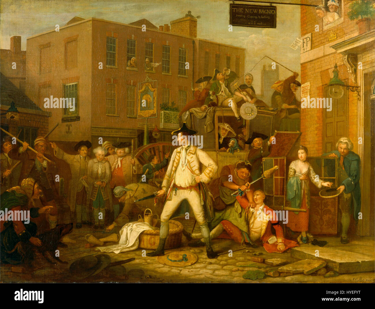 John Collets Gemälde „Scene in a London Street“ fängt eine lebhafte urbane Umgebung ein und bietet einen Einblick in das Londoner Leben des 18. Jahrhunderts mit seinen belebten Straßen und Figuren, die alltäglichen Aktivitäten nachgehen. Stockfoto