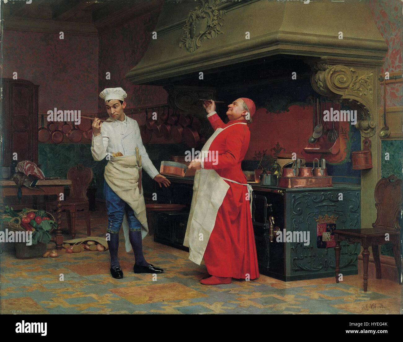 „The Marvelous Sauce“ von Jehan Georges Vibert, um 1890 entstanden, ist ein Genre-Gemälde, das humorvoll eine Szene aus dem französischen Leben darstellt. Das Gemälde fängt einen kulinarischen Moment mit einem verspielten Ton ein und zeigt Viberts Kunst, den Alltag mit Humor und Liebe zum Detail darzustellen. Das Werk ist Teil der Sammlung der Albright Knox Art Gallery. Stockfoto