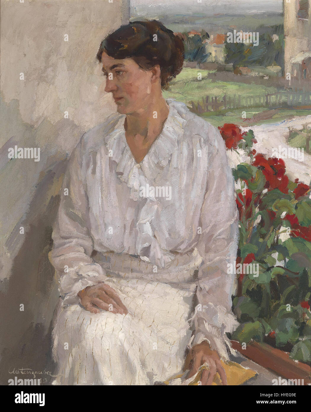 „Auf der Veranda“ von Jan Autengruber, gemalt 1913, zeigt eine beschauliche Szene einer Veranda, die den Alltag mit einer ruhigen und realistischen Herangehensweise einfängt. Stockfoto