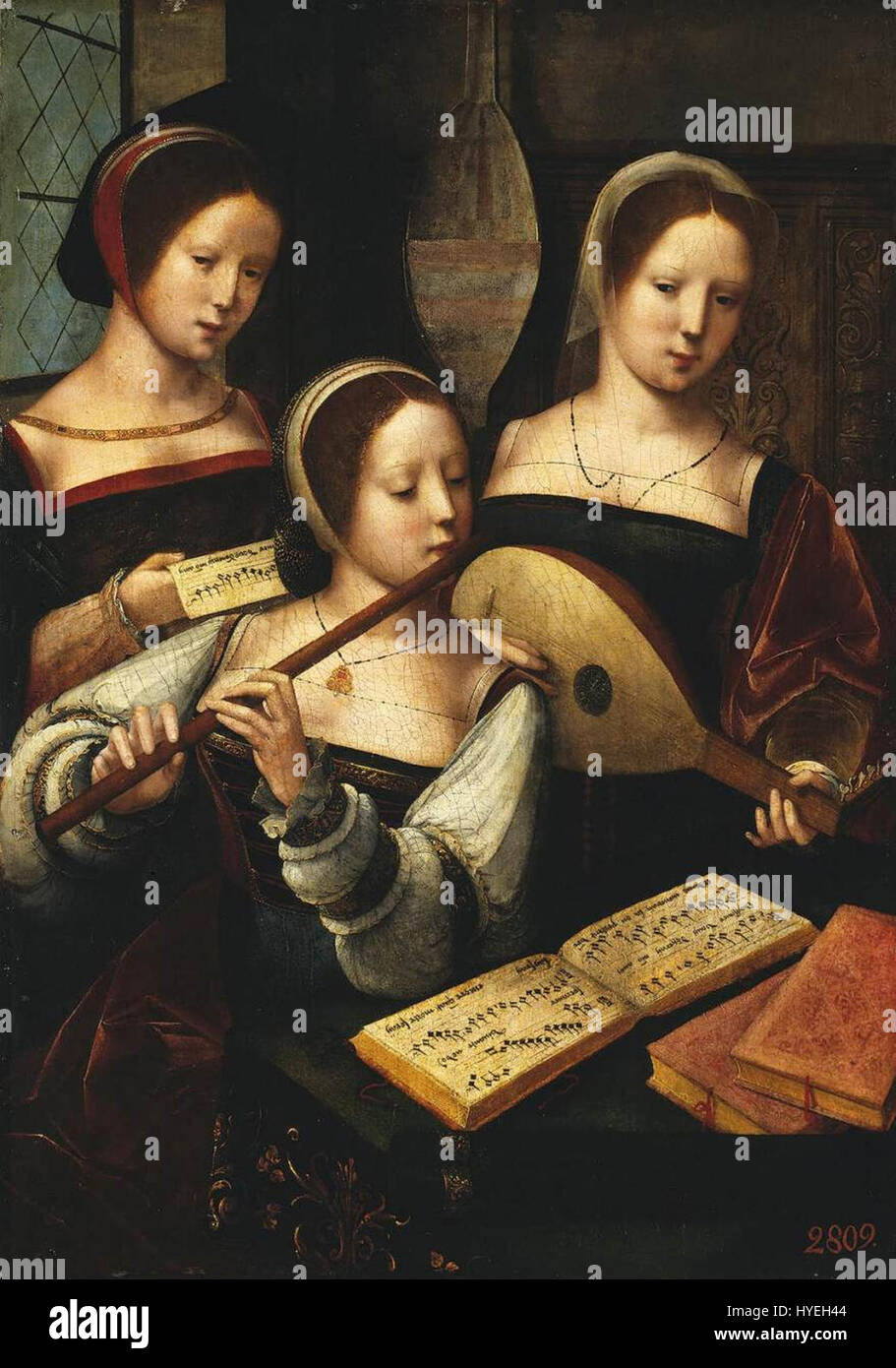 Dieses Kunstwerk, das dem Meister der Frau in halber Länge zugeschrieben wird, zeigt ein Konzert von Frauen, die verschiedene Instrumente spielen. Die lebendige Darstellung von Musik und Interaktion innerhalb einer Gruppe fängt die Eleganz europäischer Porträts des frühen 16. Jahrhunderts ein. Stockfoto