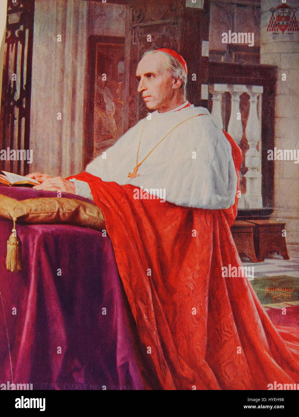 Das Kunstwerk, das Mercier in cappa magna darstellt, zeigt die traditionelle Kleidung, die von katholischen Geistlichen getragen wurde, insbesondere von Bischöfen und hochrangigen Kirchenbeamten. Das Gemälde betont den zeremoniellen Aspekt der Kleidung und ihre symbolische Rolle in der Kirchenhierarchie während dieser Zeit. Stockfoto