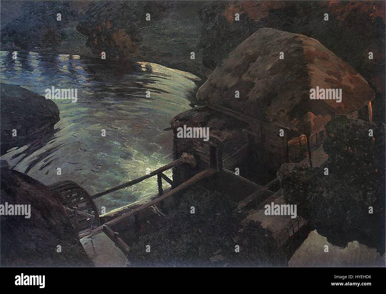 „Mlyn NOCA“ (die Windmühle bei Nacht) ist ein Werk, das die ruhige und geheimnisvolle Atmosphäre einer Windmühle unter dem Nachthimmel einfängt. Das Gemälde beschäftigt sich mit Themen der Einsamkeit und des Verganges der Zeit, wobei die Windmühle als Symbol des ländlichen Lebens steht. Stockfoto