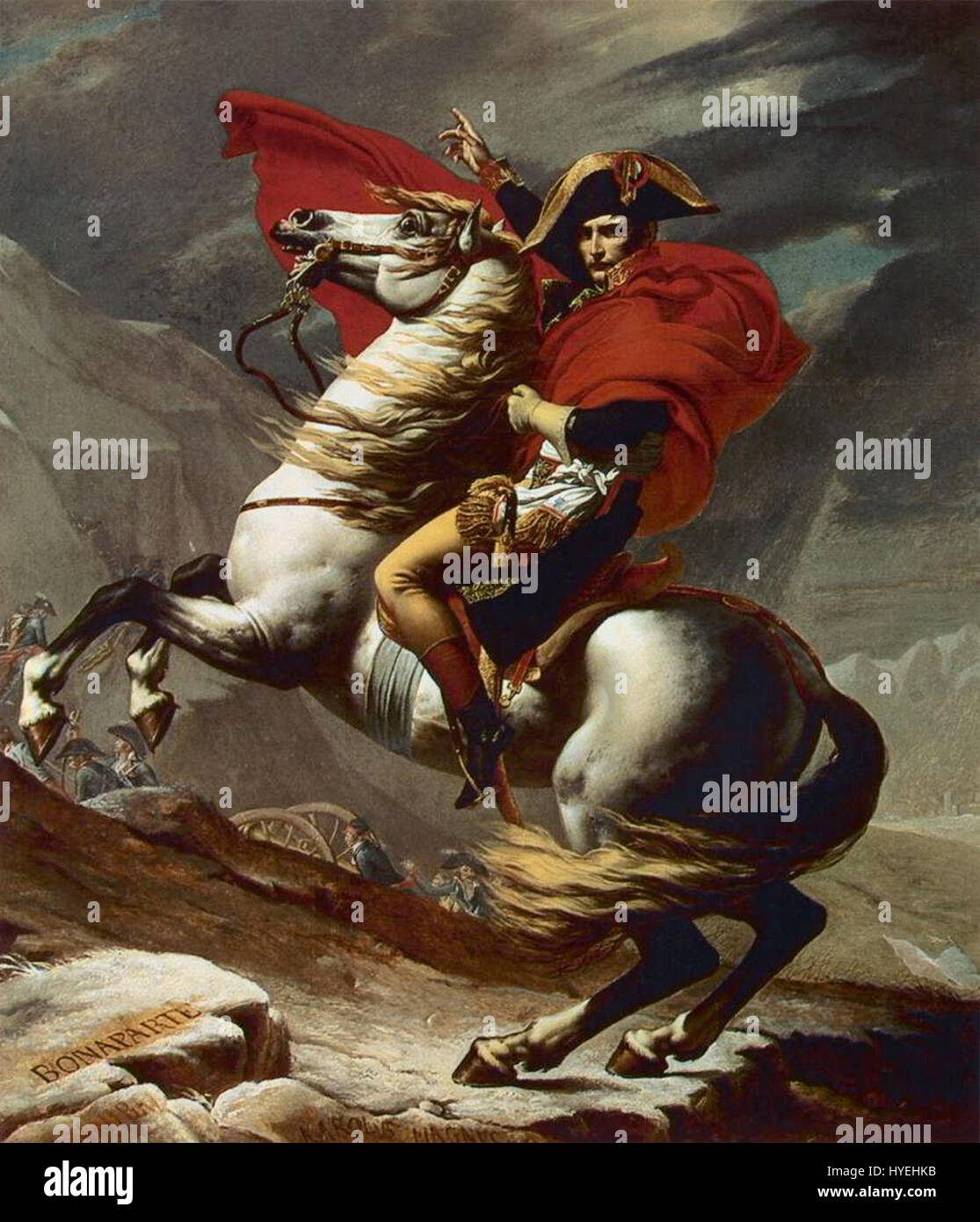 „Napoleon“ von David bezieht sich auf das ikonische Porträt von Napoleon Bonaparte des Künstlers Jacques-Louis David, das die maßgebliche Haltung und die königliche Präsenz des Kaisers unterstreicht und sein öffentliches Image unterstreicht. Stockfoto