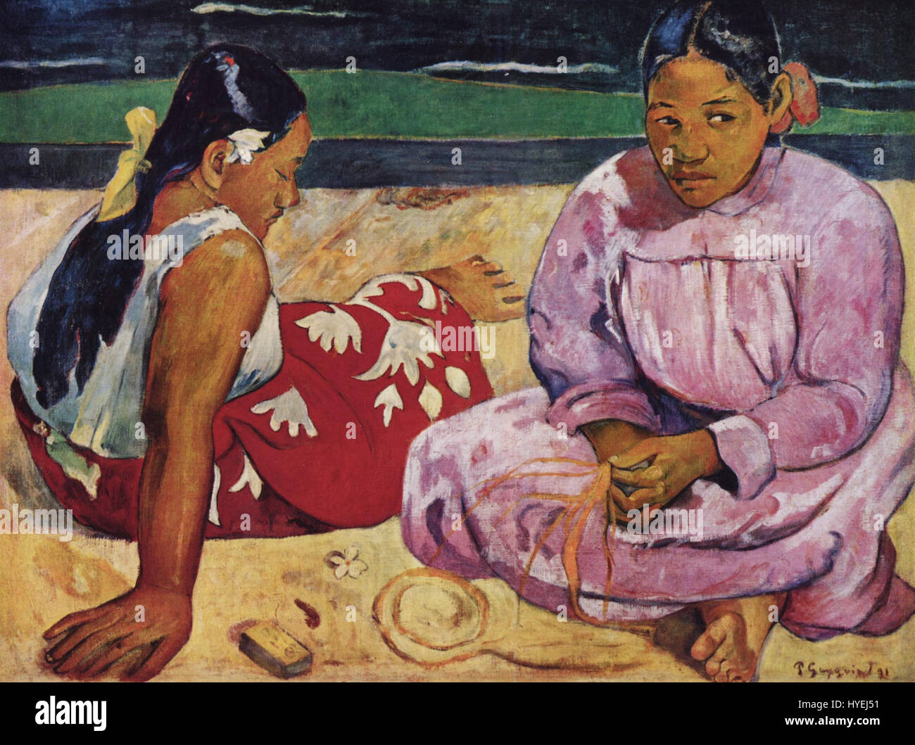 Dies bezieht sich auf ein Werk von Paul Gauguin, einer der führenden Persönlichkeiten des Postimpressionismus. Gauguins Kunstwerk ist bekannt für seine kräftigen Farben, symbolischen Themen und einen einzigartigen Stil, der Emotionen und Spiritualität vermitteln wollte. Dieses spezifische Stück unterstreicht seine besondere Herangehensweise an Farbe und Form. Stockfoto