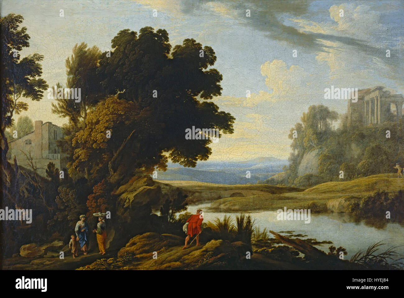Pierre Patels „Landschaft in der römischen Campagna“, die um 1638 entstanden ist, zeigt die malerische Landschaft um Rom. Patel ist bekannt für seine detailreichen und stimmungsvollen Landschaften und fängt in diesem Werk den ländlichen Charme und die antiken Ruinen der Region ein. Stockfoto