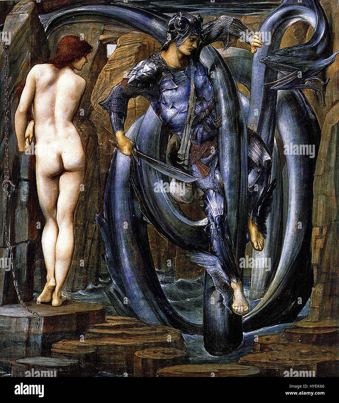Edward Burne-Jones' 'Perseus' stellt den legendären griechischen Helden Perseus dar, der für die Ermordung der Gorgon-Medusa bekannt ist. Das Kunstwerk zeigt Burne-Jones' unverkennbaren Stil und verbindet Mythologie mit komplizierten, fantastischen Details. Stockfoto