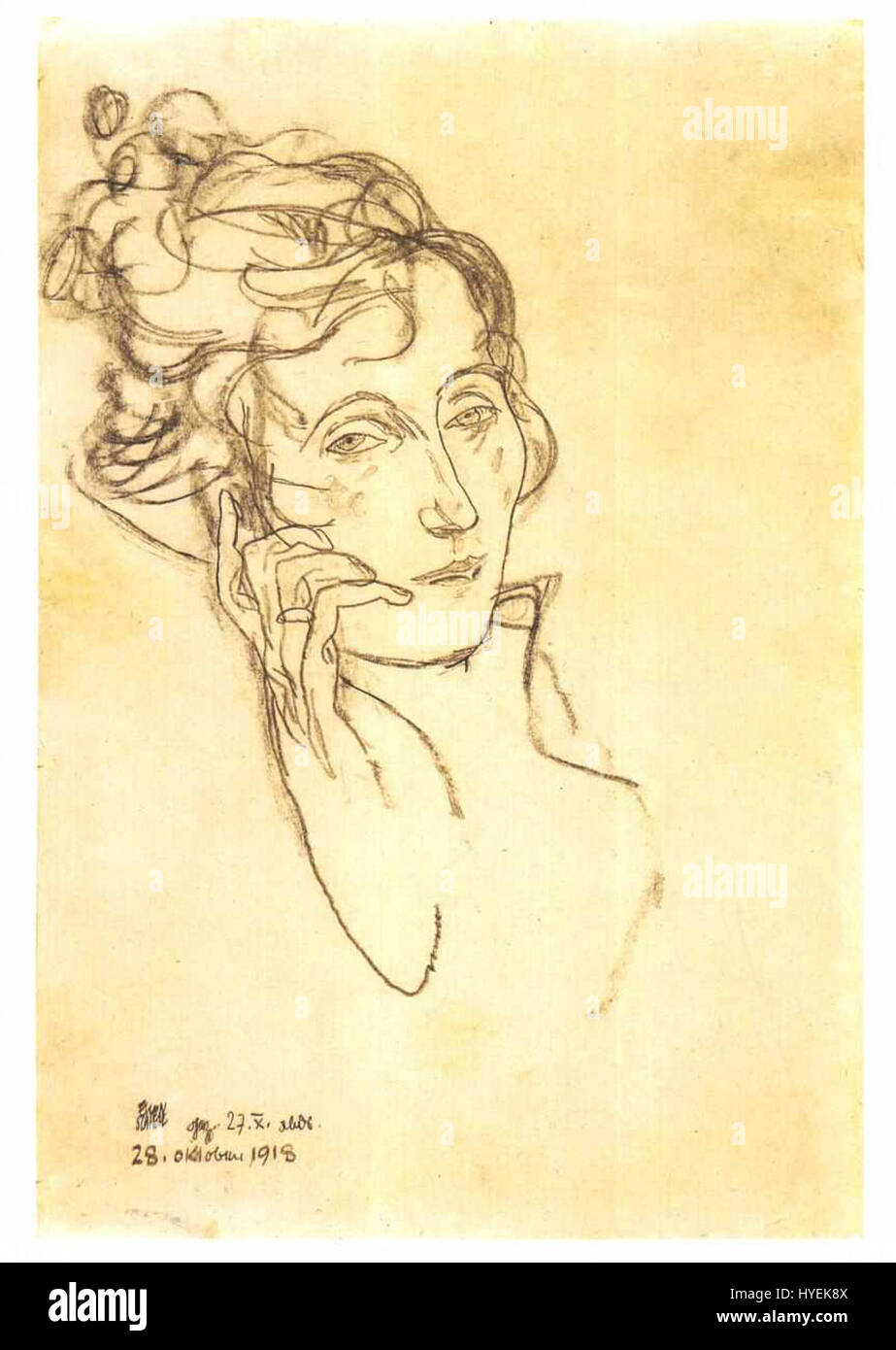 „Edith Schiele sterbend“ (1918) von Egon Schiele fängt den Moment des Todes von Edith Schiele ein und zeigt eine raue und emotionale Darstellung der Figur in einem verletzlichen Zustand. Das Gemälde unterstreicht Schieles expressiven Stil und seine Fokussierung auf menschliches Leid und intime Momente. Stockfoto „Edith Schiele sterbend“ (1918) von Egon Schiele fängt den Moment des Todes von Edith Schiele ein und zeigt eine raue und emotionale Darstellung der Figur in einem verletzlichen Zustand. Das Gemälde unterstreicht Schieles expressiven Stil und seine Fokussierung auf menschliches Leid und intime Momente. Stockfoto
