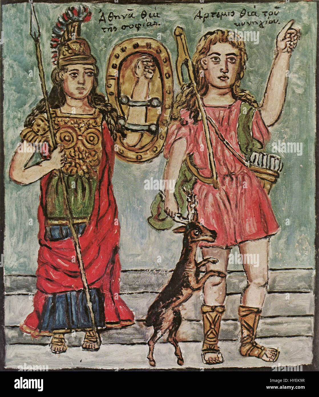 „Athena and Artemis“ von Theofilos stellt die beiden griechischen Göttinnen im klassischen Stil dar. Das Gemälde fängt ihre Stärke und göttliche Präsenz ein und spiegelt Theofilos’ Fokus auf mythologische Themen in seinem Werk wider. Stockfoto