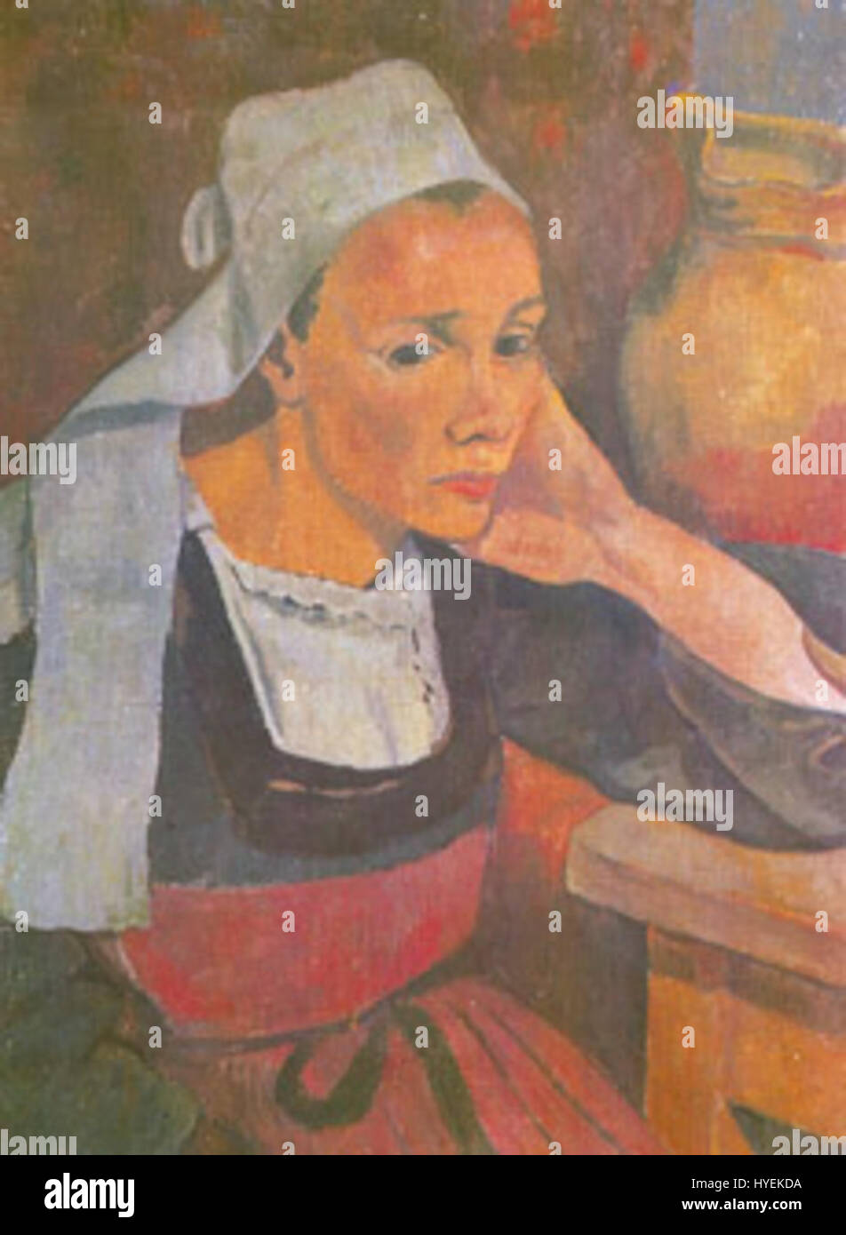 Das Porträt von Marie Lagadu von Paul Sérusier ist ein klassisches Beispiel für den symbolischen Stil des Künstlers. Sérusier, eine Schlüsselfigur in der Pont-Aven Schule, verwendet kräftige Farben und ausdrucksstarke Pinselstriche, um das Wesen seines Motivs zu vermitteln. Stockfoto