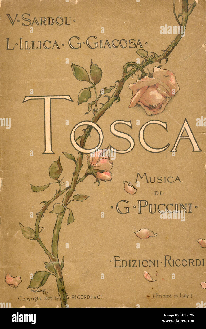 Das Cover des *Tosca* Librettos zeigt ein dramatisches Design, das die berühmte Oper von Giacomo Puccini repräsentiert. Das Bild symbolisiert die intensiven Emotionen und Themen der Liebe, des Verrats und der politischen Intrigen in der Oper. Stockfoto