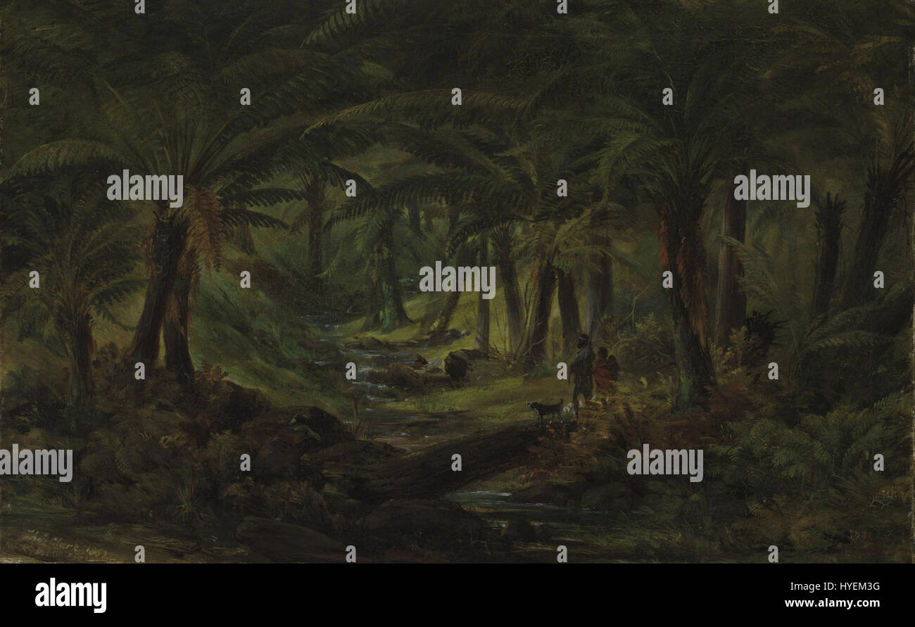 „Fern Gully with Aboriginal Family“ von Thomas Clark fängt eine ruhige Landschaft von Australiens natürlicher Schönheit ein und konzentriert sich dabei auf die indigene Familie der Aborigines und ihre Verbindung zur Umwelt. Das Gemälde unterstreicht die Bedeutung von Natur und Kultur im Leben der Aborigines und zeigt die Harmonie mit dem Land. Stockfoto
