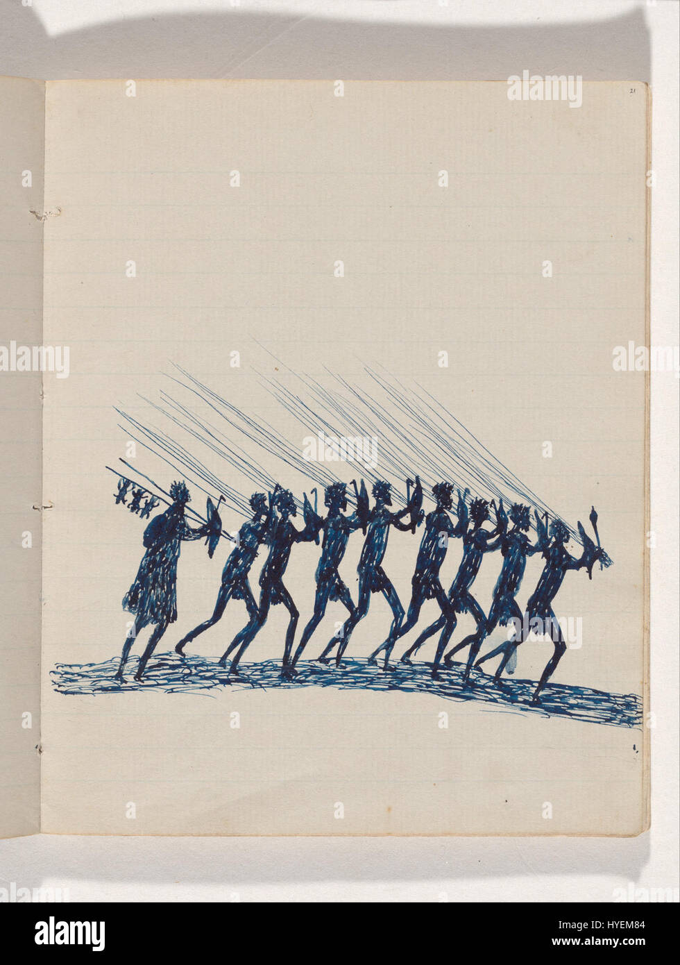 Tommy McRaes Skizze von The Kwatkwat People zeigt australische Aborigines, die von einem Jagdausflug zurückkehren. Diese Arbeit bietet Einblicke in das traditionelle Leben, wobei der Schwerpunkt auf der Verbindung der Gemeinde zum Land und ihren Aktivitäten liegt. Stockfoto