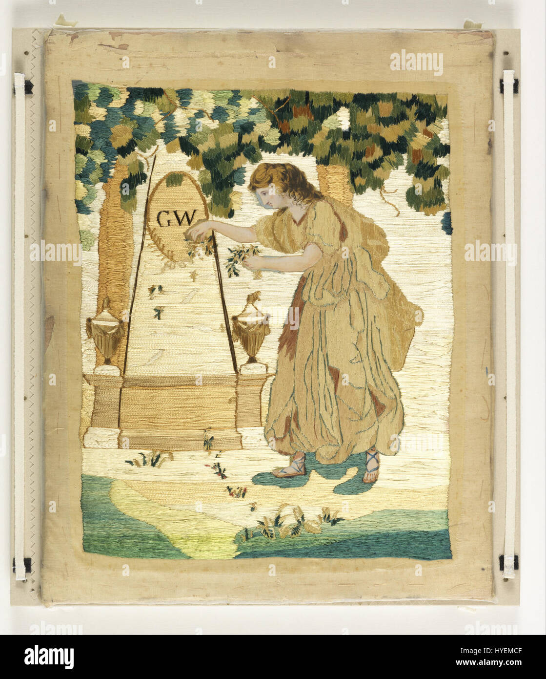 Dieses Gemälde aus dem 19. Jahrhundert zeigt die allegorische Figur der Tugend, die am Grab von George Washington huldigt. Das Werk spiegelt die Ehrfurcht vor Washingtons Führung und den Idealen der damaligen Zeit wider. Stockfoto