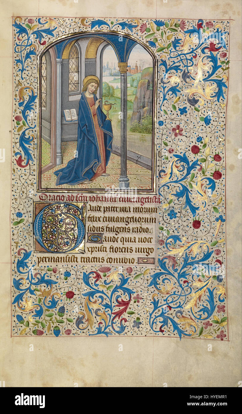 Dieses Gemälde des flämischen Künstlers Willem Vrelant zeigt den Heiligen Johannes den Evangelisten, eine Schlüsselfigur der christlichen Theologie. Vrelants Werk ist für seine feinen Details und die Verwendung satter Farben bekannt und zeigt religiöse Hingabe und meisterhafte Handwerkskunst, die typisch für die flämische Kunst des 15. Jahrhunderts ist. Stockfoto Dieses Gemälde des flämischen Künstlers Willem Vrelant zeigt den Heiligen Johannes den Evangelisten, eine Schlüsselfigur der christlichen Theologie. Vrelants Werk ist für seine feinen Details und die Verwendung satter Farben bekannt und zeigt religiöse Hingabe und meisterhafte Handwerkskunst, die typisch für die flämische Kunst des 15. Jahrhunderts ist. Stockfoto