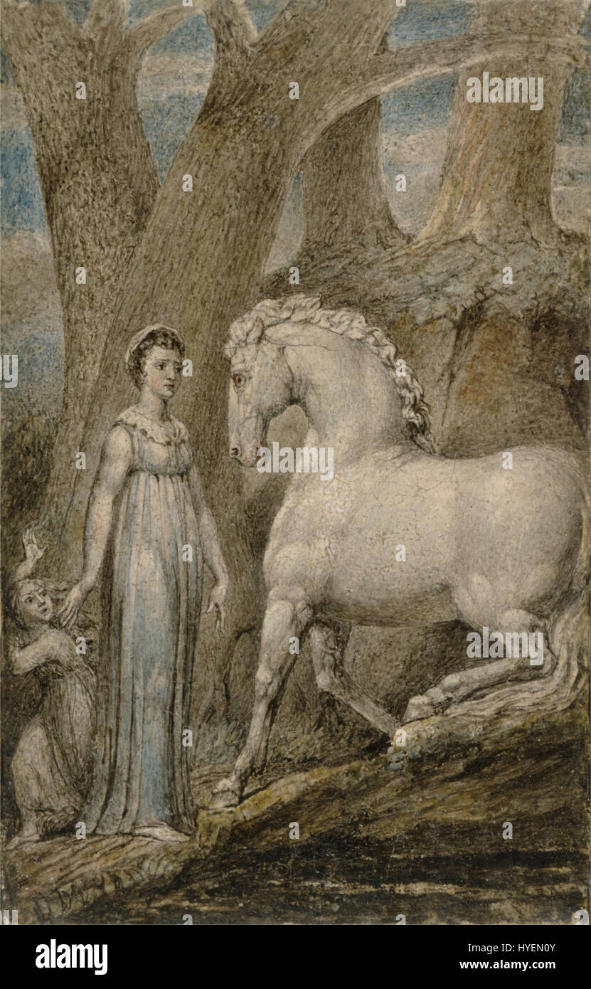 William Blakes „das Pferd“ ist eine symbolische und ausdrucksstarke Darstellung des Pferdes im menschlichen und natürlichen Kontext. Das Kunstwerk betont Bewegung und Kraft, mit Blakes charakteristischem visionärem Stil, der oft Mystik mit Realismus kombiniert. Stockfoto
