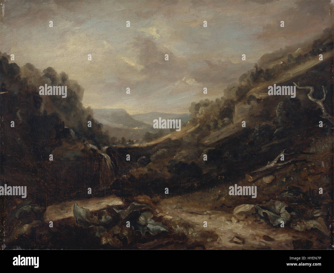 Benjamin Barkers „West Country Landscape“ bietet einen ruhigen Blick auf das ländliche England und fängt die ländliche Schönheit der Landschaft mit Aufmerksamkeit auf natürliche Details und stimmungsvolle Beleuchtung ein. Das Gemälde spiegelt den romantischen Stil des frühen 19. Jahrhunderts wider. Stockfoto