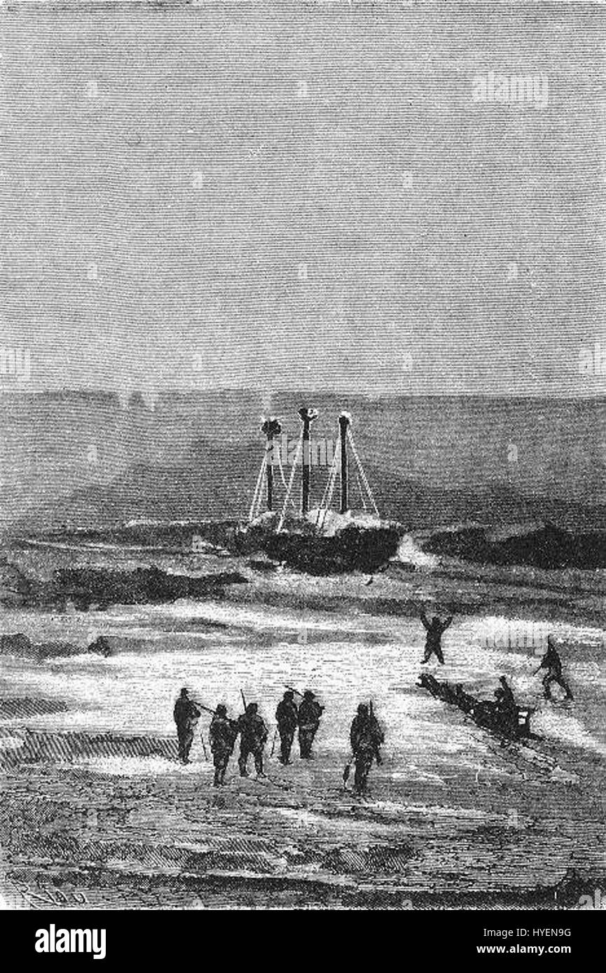 „Das Eisfeld“ von Riou und Montaut zeigt eine eisbedeckte Landschaft, die wahrscheinlich die arktische oder antarktische Region repräsentiert. Diese Arbeit veranschaulicht die raue und raue Umgebung und betont die Isolation und Weite gefrorener Landschaften. Stockfoto