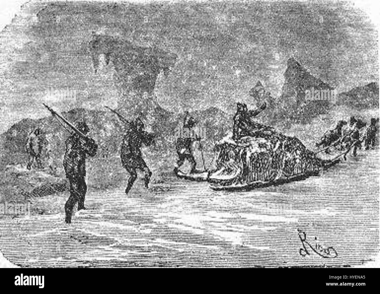 „The Field of Ice“ von Riou und Montaut ist eine Darstellung der arktischen Region und zeigt eine eisige Landschaft und die Herausforderungen der Erkundung. Das Kunstwerk spiegelt die raue, gnadenlose Umgebung der gefrorenen Welt wider. Stockfoto