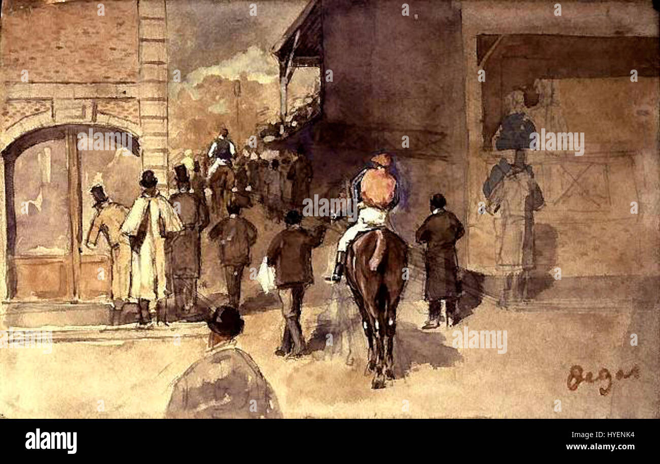 „La Sortie de Pesage“ von Edgar Degas, das Ende des 19. Jahrhunderts gemalt wurde, zeigt die Meisterschaft des Künstlers in der Darstellung von Bewegung und menschlicher Form. Das Gemälde fängt einen Moment auf der Rennstrecke ein, wo Pferde und Jockeys den Wägebereich verlassen, mit einem Schwerpunkt auf dynamischen Posen und fließenden Bewegungen. Stockfoto