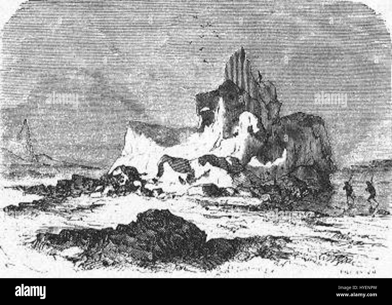 „The Field of Ice“ von Riou und Montaut ist eine dramatische Illustration einer eisbedeckten Landschaft. Das Kunstwerk hebt die Härte der Natur hervor, mit eisigem Gelände und den Herausforderungen der gefrorenen Umgebung und fängt die Essenz von Kälte und Isolation ein. Stockfoto