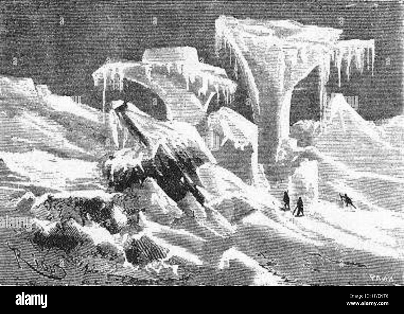 „The Field of Ice“ von Riou und Montaut fängt die rauen, gefrorenen Landschaften der Arktis ein. Das Kunstwerk hebt die krasse, eisige Umgebung hervor und zeigt die Widerstandsfähigkeit der Entdecker in einer unnachgiebigen Natur. Das Stück zeichnet sich durch seine dramatische Verwendung von Licht und Schatten aus, die das riesige, unnachgiebige Eisfeld betont. Stockfoto