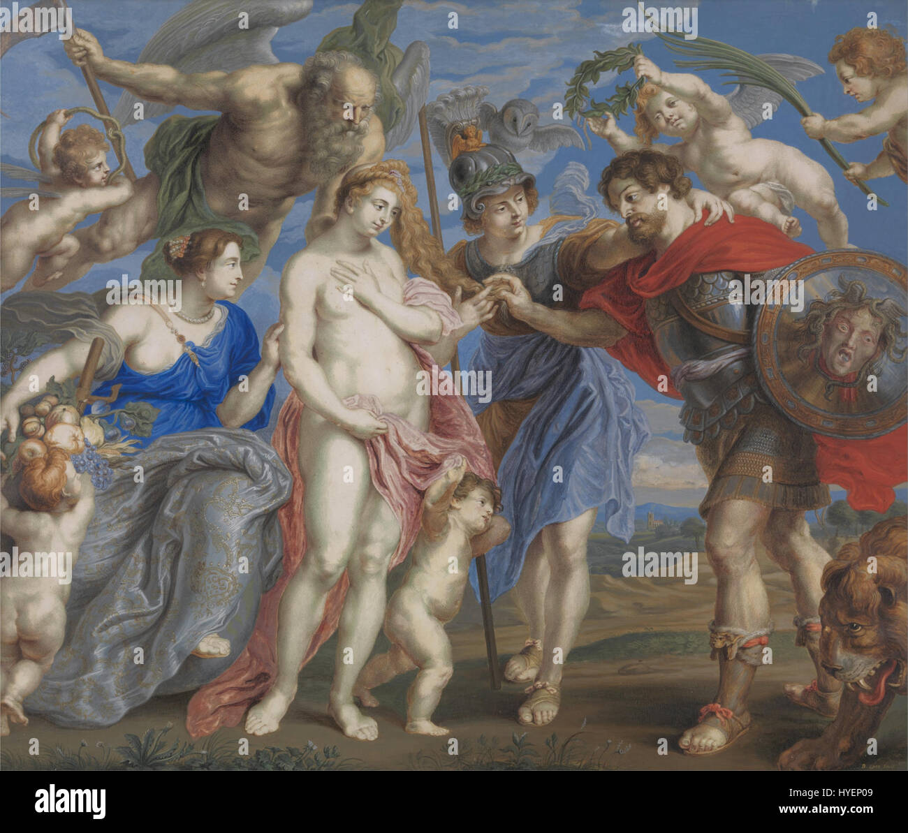 Bernard Lens’ Gemälde „Victorious Hero nimmt Gelegenheit zum Abschluss des Friedens“ zeigt eine heldenhafte Figur in einem Moment des Triumphes, die nach einer siegreichen Schlacht den Frieden wählt. Das Kunstwerk verkörpert Themen wie Führung, Sieg und Diplomatie. Stockfoto