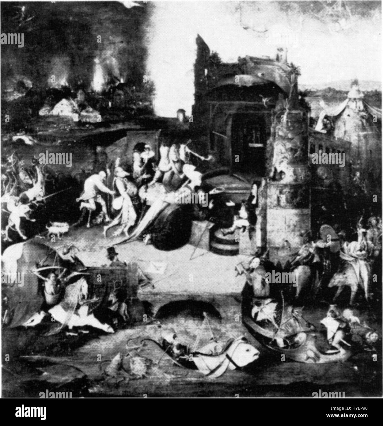 Dieses Stück, „nach Jheronimus Bosch“, ist eine Reproduktion eines der ikonischen Werke des niederländischen Malers Jheronimus Bosch. Das Stück spiegelt den fantastischen und surrealen Stil von Bosch wider und zeigt Szenen voller bizarrer Kreaturen und lebendiger Symbolik. Das Werk bewahrt die unverkennbare Liebe zum Detail und die komplexe Bildsprache von Bosch und repräsentiert den Surrealismus und die lebendige Fantasie, die Bosch zu einer renommierten Figur in der Kunst der Frührenaissance machten. Stockfoto