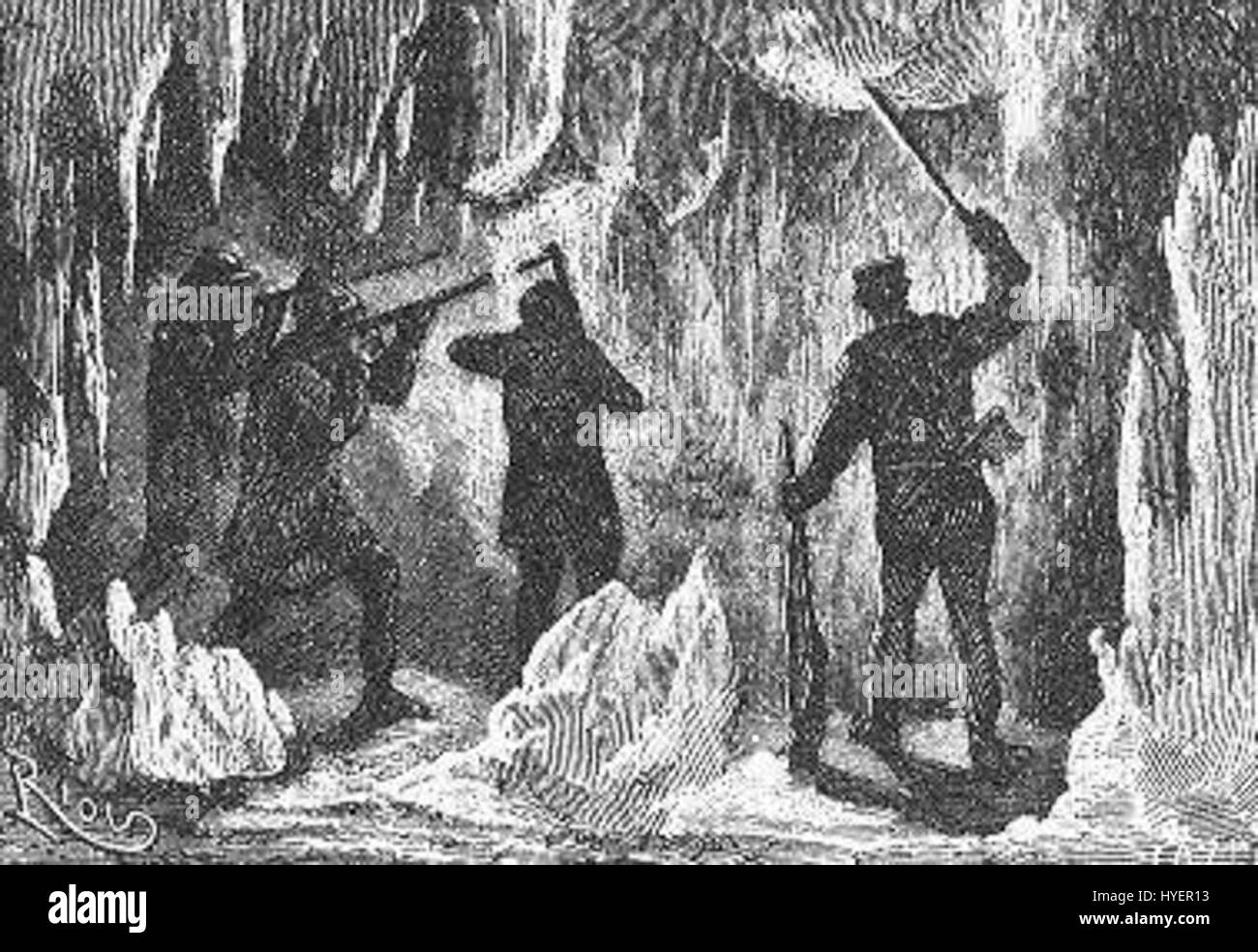 *The Field of Ice* von Riou und Montaut ist eine Illustration, die eine arktische Landschaft darstellt und die krasse Schönheit und Herausforderungen der Polarforschung während des 19. Jahrhunderts erfasst. Stockfoto