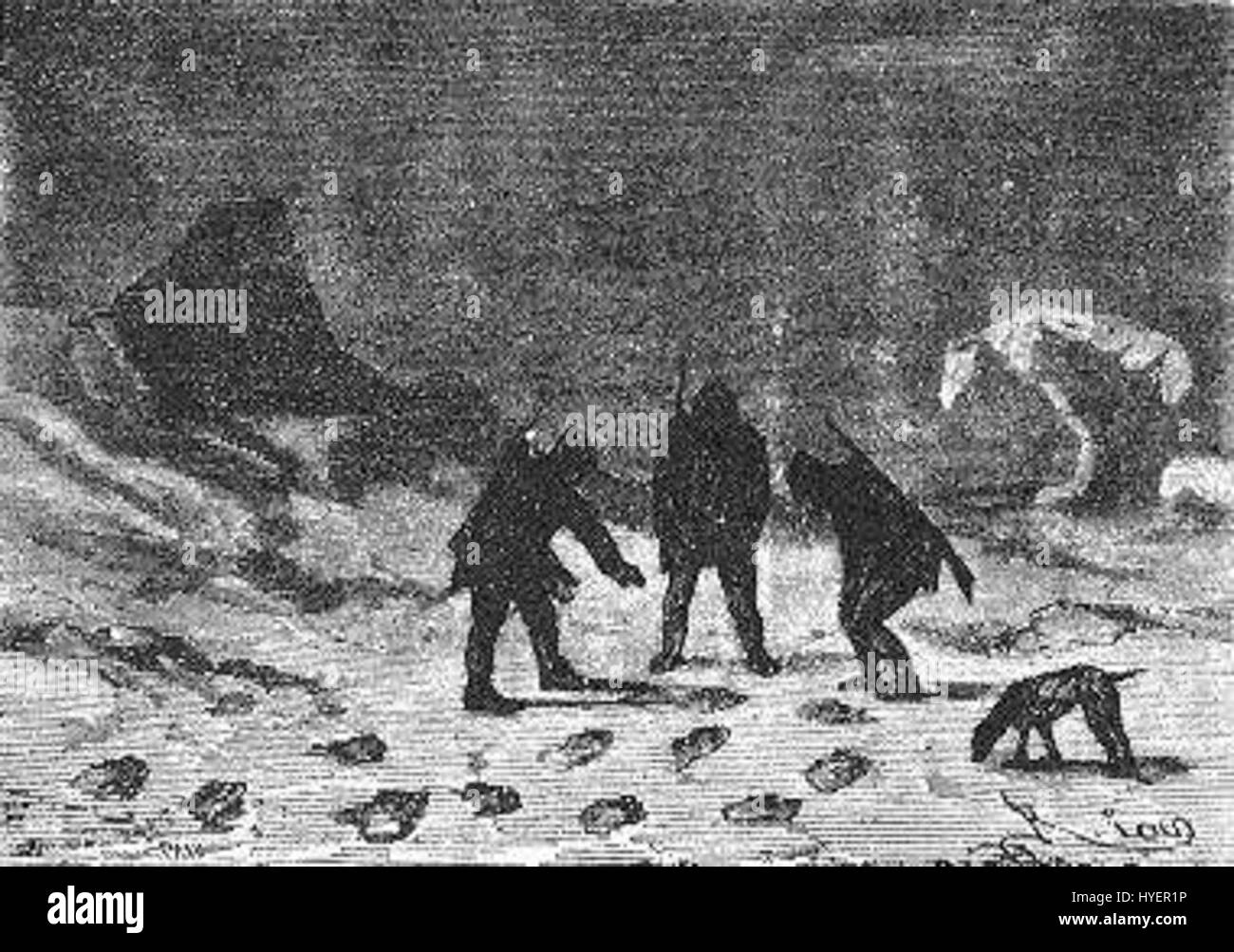 „The Field of Ice“ von Riou und Montaut fängt eine dramatische Szene aus Eis und Schnee ein, die möglicherweise eine arktische oder polare Landschaft darstellt. Das Kunstwerk betont die krasse Schönheit der gefrorenen Landschaft und unterstreicht die Weite und Verödung des eisigen Geländes. Stockfoto