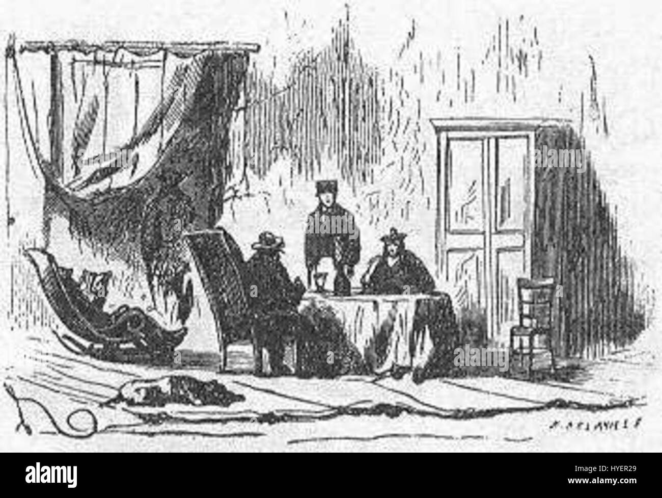 „The Field of Ice“ von Riou und Montaut ist ein Gravur, der eine eisige Landschaft darstellt und das Können der Künstler widerspiegelt, die gefrorene Umgebung detailgetreu einzufangen und ein Gefühl der Isolation zu vermitteln. Stockfoto