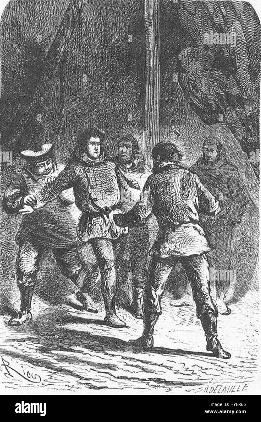 „The Field of Ice“ von Riou und Montaut zeigt eine dramatische Szene von Entdeckern, die unter harten arktischen Bedingungen stehen. Diese Arbeit erfasst die Herausforderungen der Polarregionen und zeigt die Robustheit und Gefahr, die mit frühen arktischen Expeditionen verbunden ist. Stockfoto