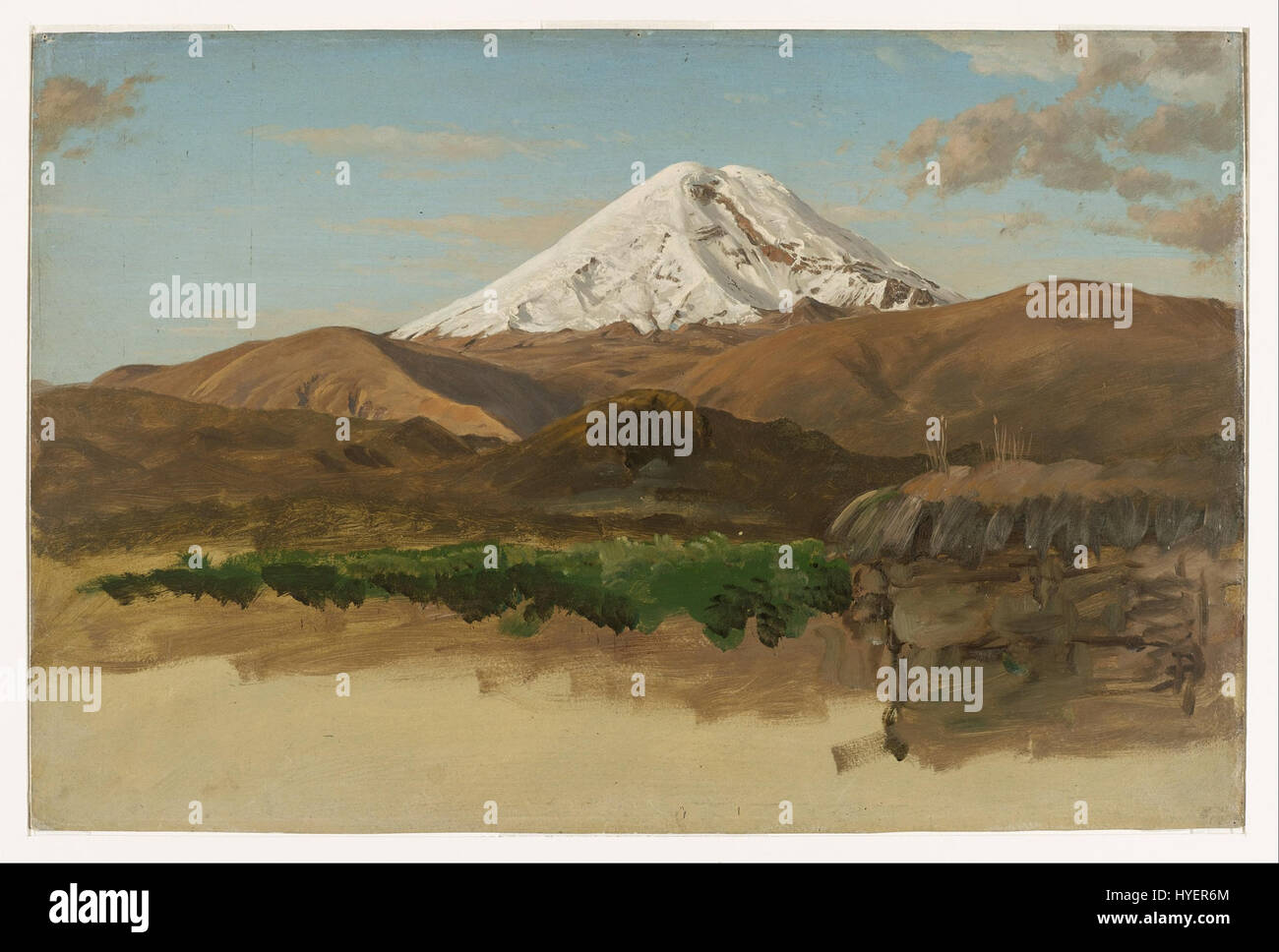 Frederic Edwin Church's „Study of Mount Chimborazo“ ist ein detailliertes Landschaftsgemälde aus dem 19. Jahrhundert. Er fängt die Pracht und natürliche Schönheit des Vulkans Chimborazo in Ecuador ein und spiegelt die Faszination der Kirche für südamerikanische Landschaften während seiner Reisen wider. Stockfoto