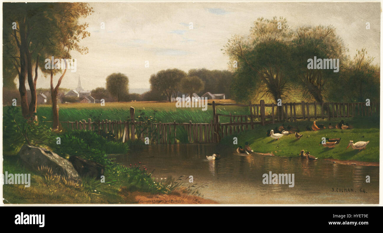 Dieses Landschaftsgemälde mit dem Titel *in der Nähe von Bethel am Androscoggin* fängt die ruhige Schönheit des Androscoggin River nahe Bethel, Maine, ein. Die Komposition konzentriert sich auf den Fluss, umgeben von üppigen Wäldern und bergigem Gelände, was ein Gefühl der Ruhe und der natürlichen Pracht der Gegend weckt. Stockfoto