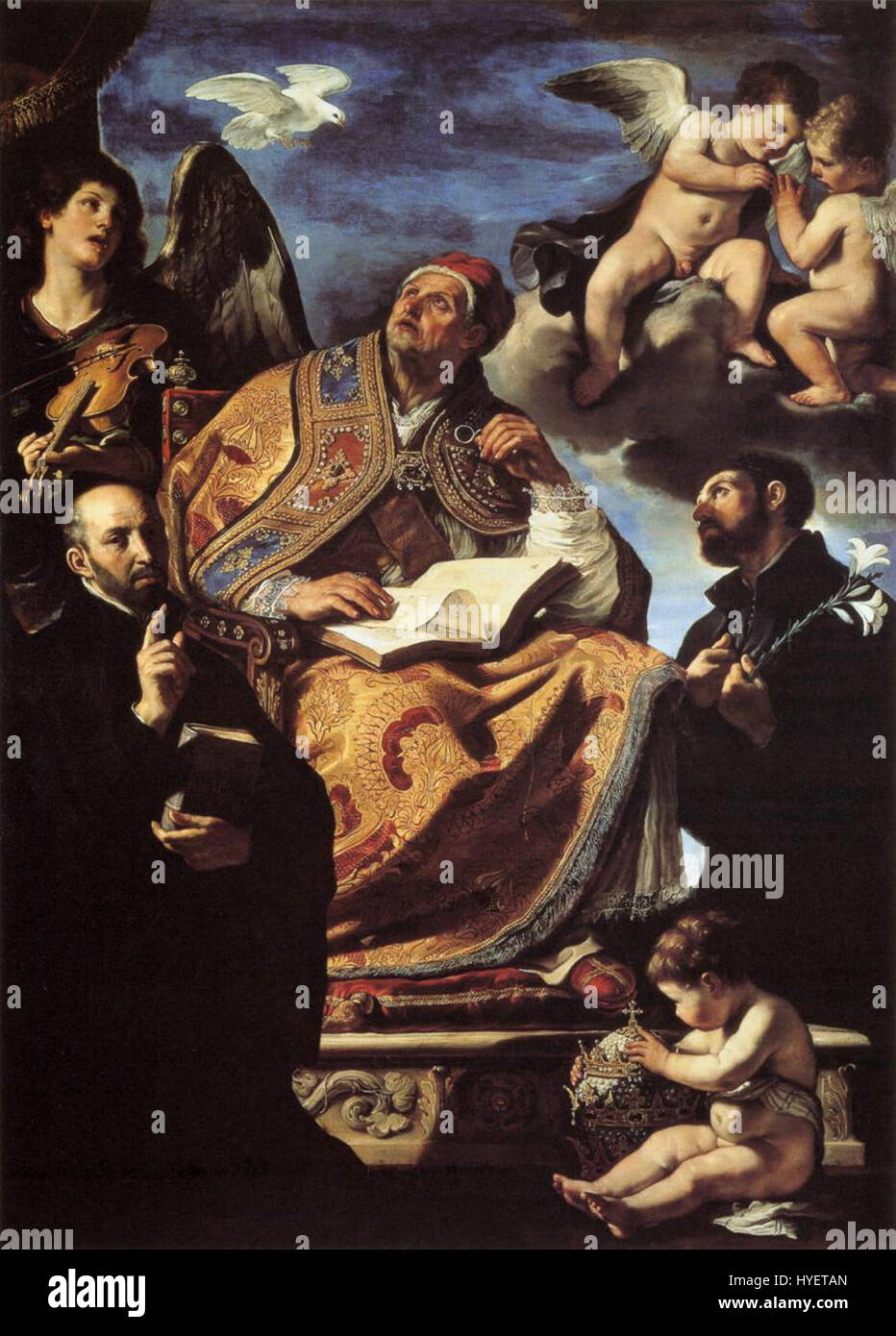 Guercinos Gemälde „St. Gregor der große mit St. Ignatius and Francis Xavier“ zeigt die wichtigsten katholischen Heiligen und betont die religiöse Hingabe und den italienischen Barockstil. Stockfoto