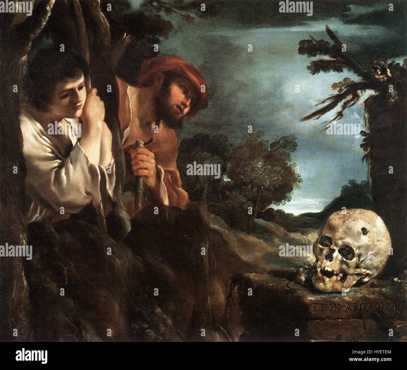 „Et in Arcadia Ego“ ist ein berühmter Satz, der in der klassischen Kunst gesehen wird und den Tod und die vergängliche Natur des Lebens symbolisiert. Es wurde in verschiedenen Kunstwerken dargestellt, die Themen Sterblichkeit und Existenz erforschten. Stockfoto