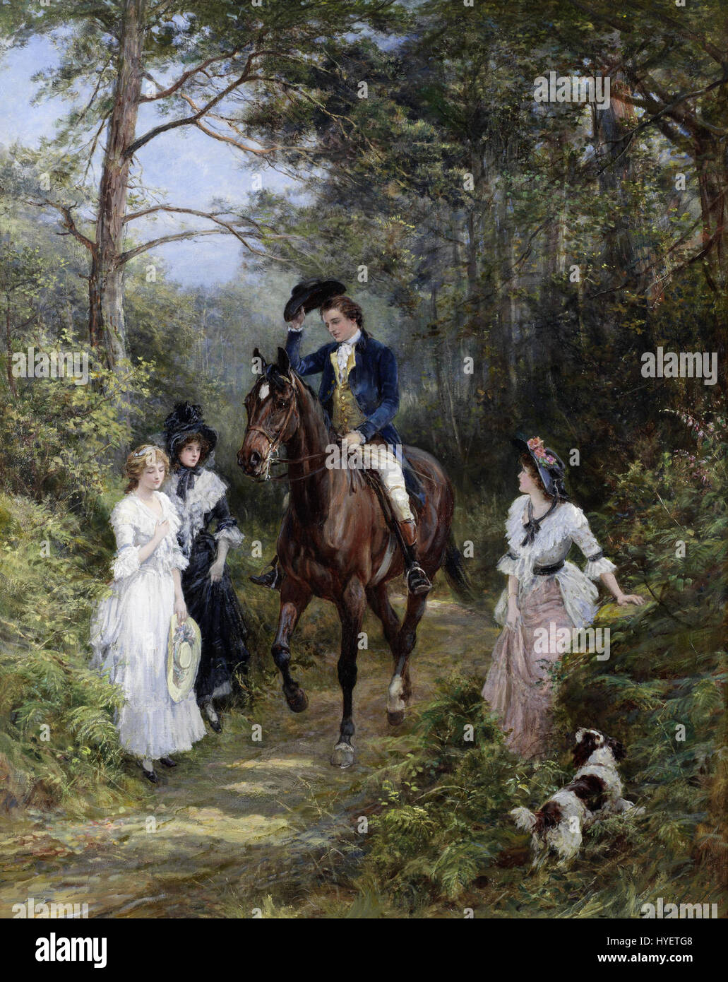 „The Meeting in the Forest“ von Heywood Hardy zeigt eine romantisierte Szene zweier Figuren, die sich in einer Waldumgebung begegnen. Hardys detaillierte Landschaft fängt die ruhige, geheimnisvolle Atmosphäre des Waldes ein. Stockfoto