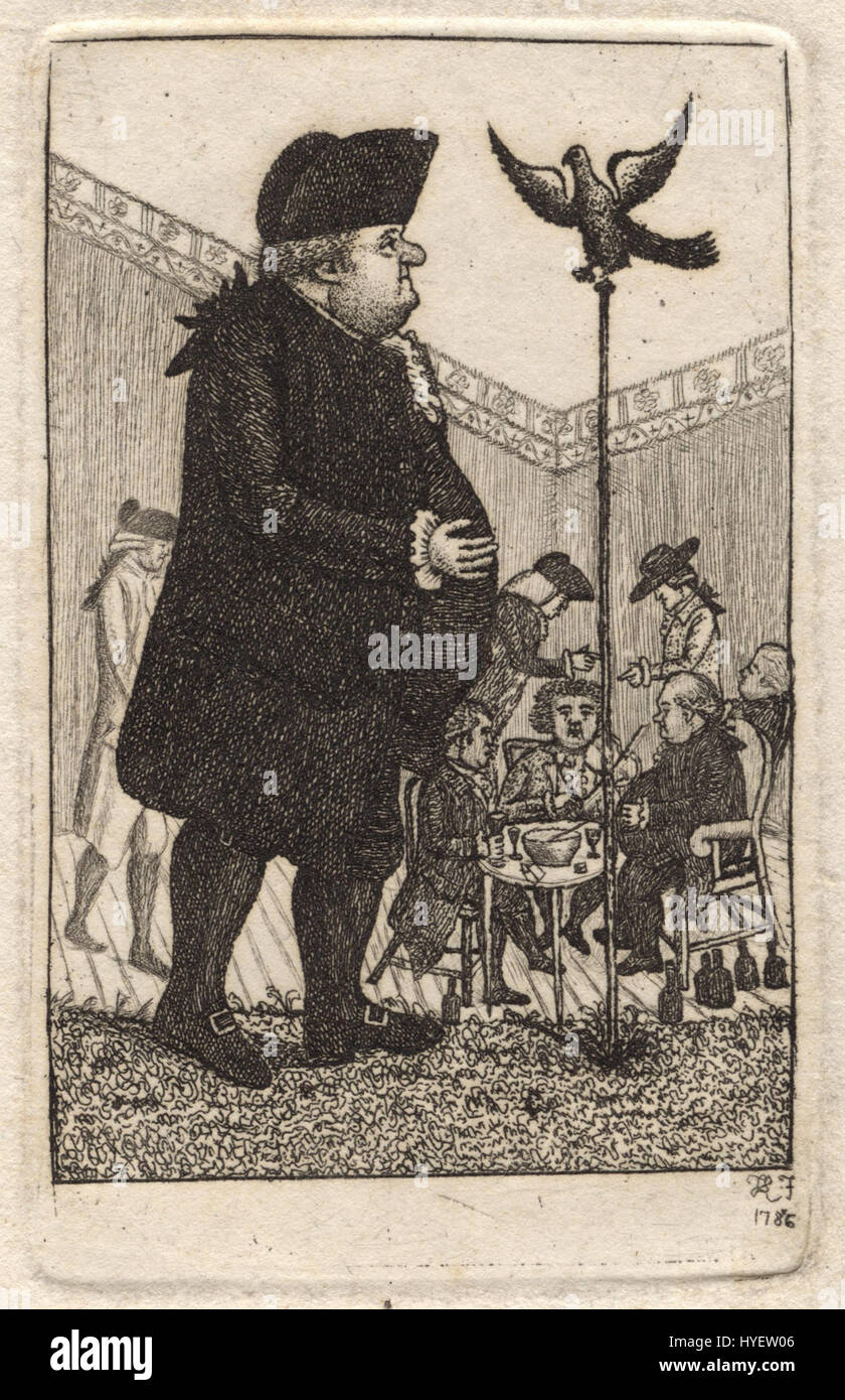 Dieses Porträt von John Kay zeigt eine Gruppe prominenter historischer Persönlichkeiten, darunter James Graham, John Brown und andere, und hebt ihre Rolle im politischen und kulturellen Leben Großbritanniens hervor. Stockfoto