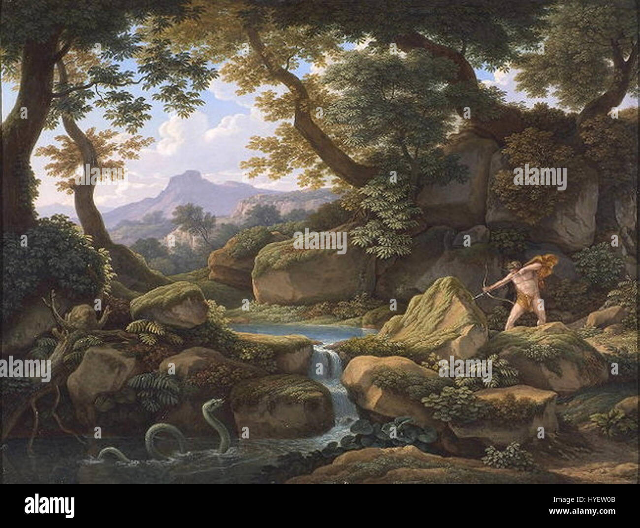 J.C. Reinharts Gemälde „Apollo mit der Pythonschlange“ (1817) zeigt den griechischen Gott Apollo, der die Schlange Python überwindet. Das Kunstwerk beleuchtet den dramatischen Kampf und symbolisiert Apollos Triumph und Stärke in der griechischen Mythologie. Die detaillierte Darstellung beider Figuren spiegelt die Intensität der mythologischen Schlacht wider. Stockfoto